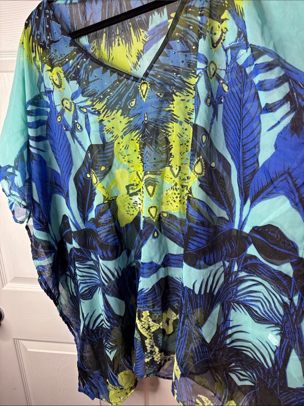 Vibrant Blue & Lime Sheer Beach Cover-Up - Picture 5 of 7